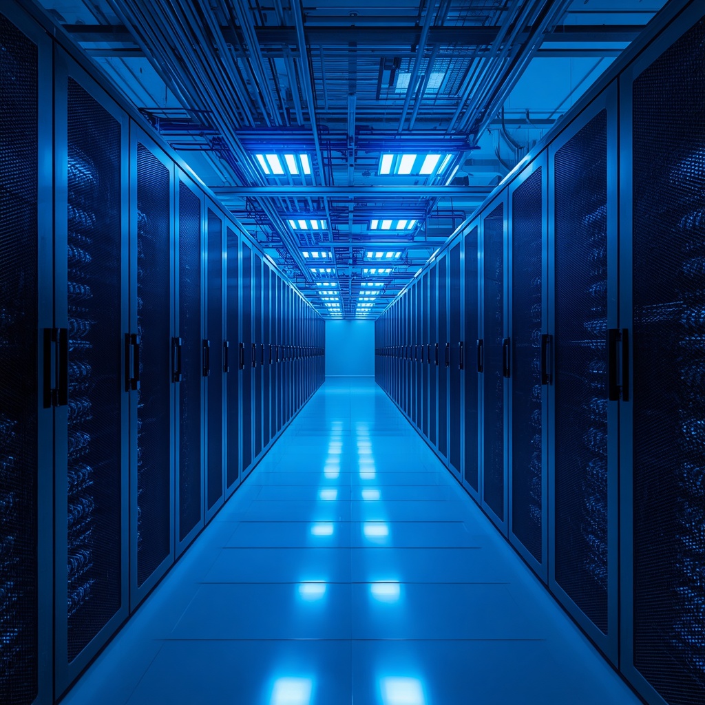 Modern cloud data center with blue server racks and fiber optic cables